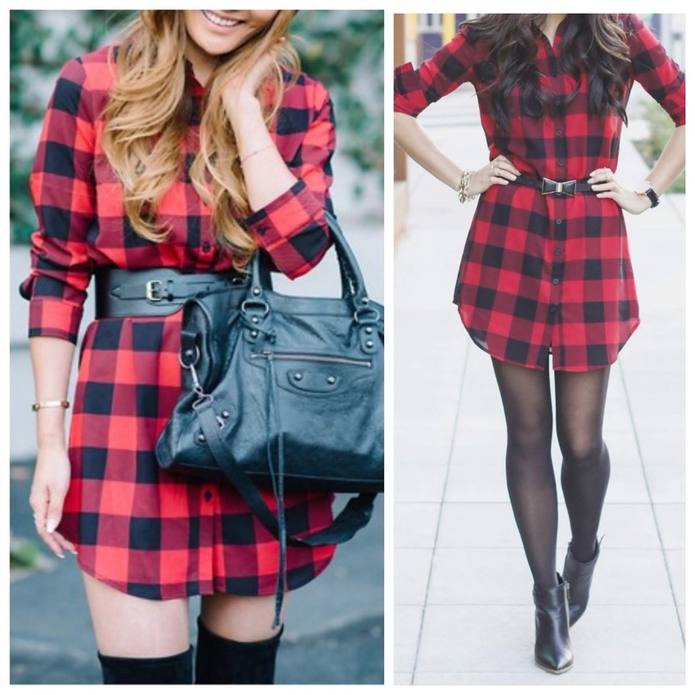 BB Dakota Plaid Button Down Shirt Dress Red XL